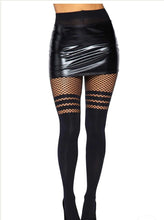 Load image into Gallery viewer, Seamless Opaque Faux Thigh High Tights with Striped Fishnet Thigh Accent