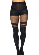 Load image into Gallery viewer, Seamless Opaque Faux Thigh High Tights with Striped Fishnet Thigh Accent