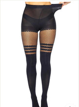 Load image into Gallery viewer, Seamless Opaque Faux Thigh High Tights with Striped Fishnet Thigh Accent