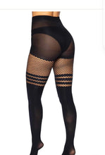 Load image into Gallery viewer, Seamless Opaque Faux Thigh High Tights with Striped Fishnet Thigh Accent