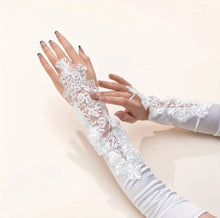 Load image into Gallery viewer, Fingerless Embroidered Beaded Satin Gloves
