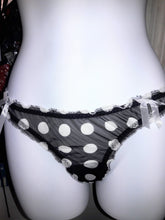 Load image into Gallery viewer, Black Satin Bow Sheer White Polka Dot Thong
