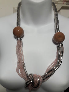 Silver Big Tan Stone Beaded Necklace