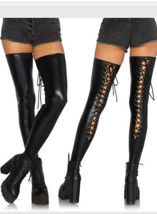 Wet Look Footless Lace Up Thigh Highs