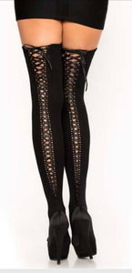 Opaque Thigh High with Eyelet Trim and Satin Lace Up Back