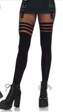 Load image into Gallery viewer, Seamless Opaque Faux Thigh High Tights with Striped Fishnet Thigh Accent
