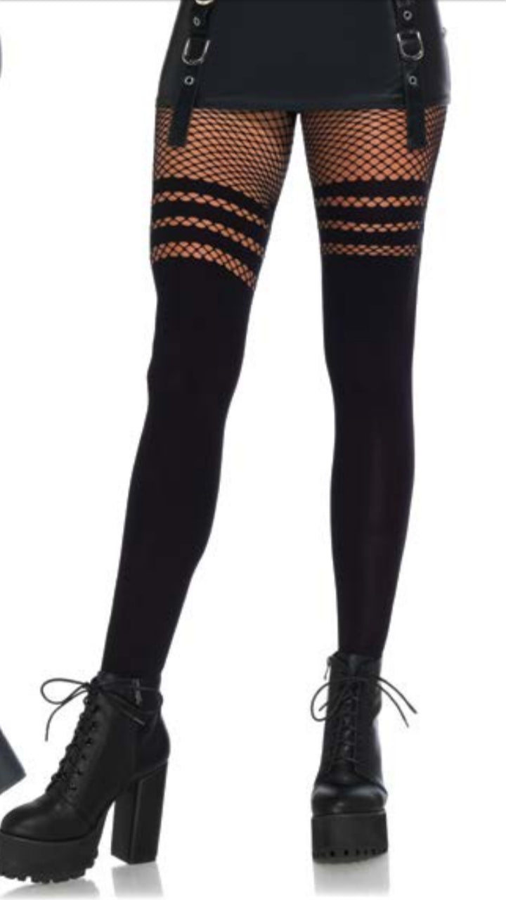 Seamless Opaque Faux Thigh High Tights with Striped Fishnet Thigh Accent