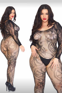 Spiral Lace Seamless Off The Shoulder Long Sleeved Bodystocking