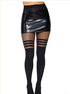 Seamless Opaque Faux Thigh High Tights with Striped Fishnet Thigh Accent