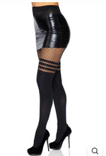 Load image into Gallery viewer, Seamless Opaque Faux Thigh High Tights with Striped Fishnet Thigh Accent
