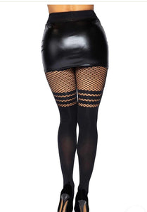 Seamless Opaque Faux Thigh High Tights with Striped Fishnet Thigh Accent